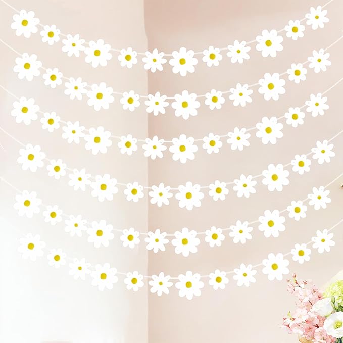 6Pcs White Daisy Banner Garland Spring Flower Hanging Bunting for Girl Boy Groovy Hippie Boho Birthday Party Decoration