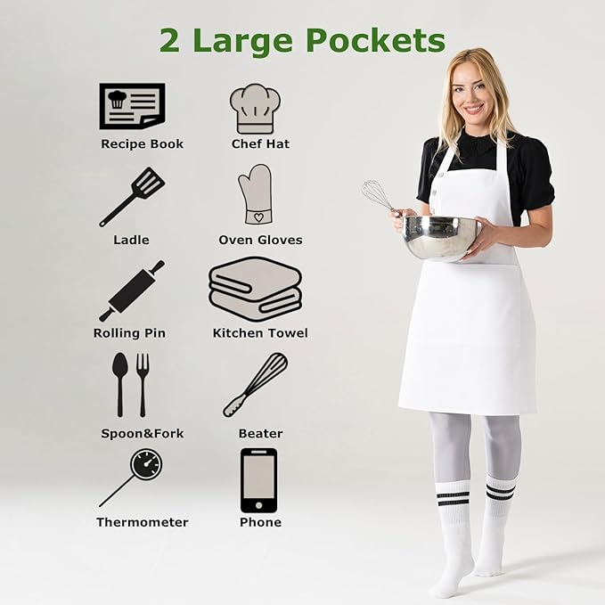 TOSHE Kitchen Apron Waterdrop Resistant Cotton Apron with adjustable Aprons for Women with Pockets 10 Color option Cooking White Apron(White)