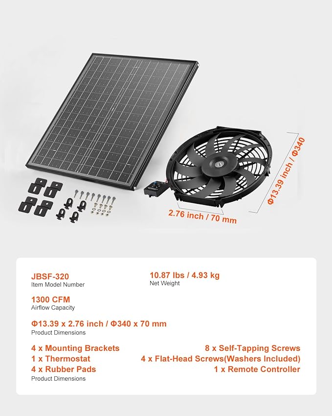 VEVOR Gable Mount Fan, 12 Inch Solar Power Attic Exhaust Fan with Adjustable Thermostat & Outer Mesh, 1300 CFM House Ventilator Cools Up to 1850 Sq.Ft, Quiet Ventilation for Roof, Garage, Shop, Black
