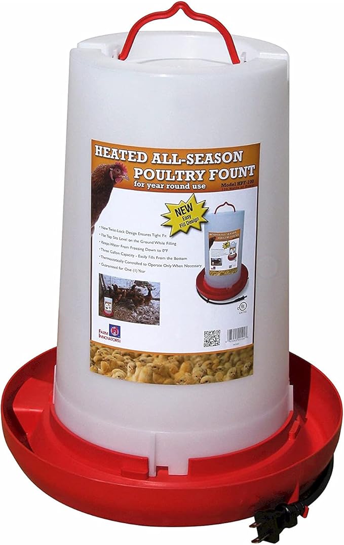 Farm Innovators 4 Pack Heated Chicken Waterer, Poultry Water Fountain, 3 Gallon