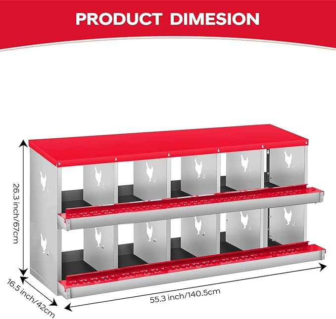 Chicken Nesting Box,10 Compartments Nesting Box for Chickens, Two-Tier Galvanized Metal Wall Mount Chicken Egg Laying Box with Large Vented Holes for Easy Egg Collection ﻿