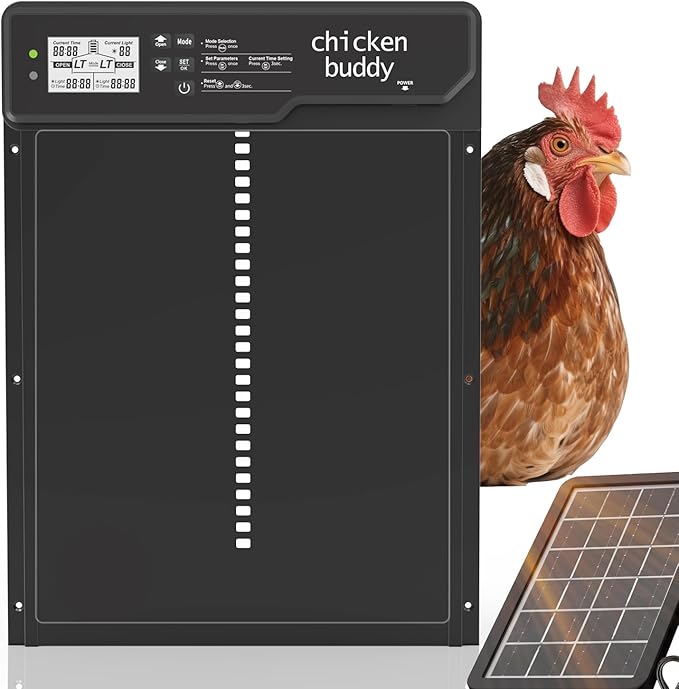Automatic Chicken Coop Door Solar Powered Extra Large 10″ x 14.3 ″LCD Display Automatic Chicken Door with 4 Modes Timer & Light Sensor, Aluminum Alloy Chicken Door