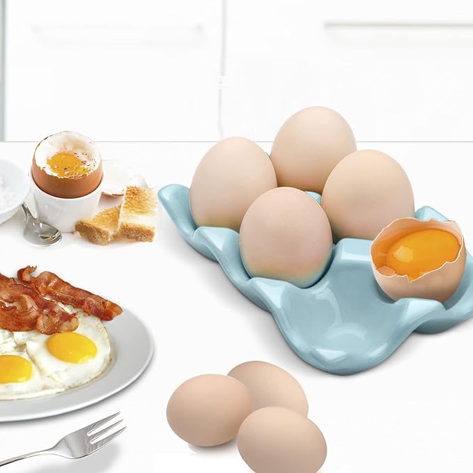 Flexzion Ceramic Egg Holder for Fridge - 6 Cups Egg Tray Half Dozen Porcelain Container Keeper Storage Organizer Decorative Serving Dish Serveware for Refrigerator Countertop Display Kitchen (Blue)
