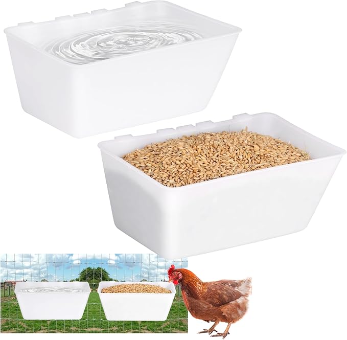2 Pack Chicken Feeder Waterer,2.5 Quart Hanging Chicken Feeder Trough with Hooks Versatile Feeding Container for Chicken Duck Goose Rabbit Duck Feeder Poultry and Livestock Water Trough（White）