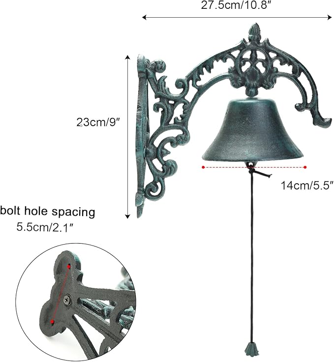 Sungmor Large & Loud Farmhouse Dinner Bell Outside Wall Mounted Electroless Doorbell, Front Door Shop Entrance Porch Antique Decorative Hanging Bell, Indoor Outdoor Pretty Wall Ornamental Hand Bell