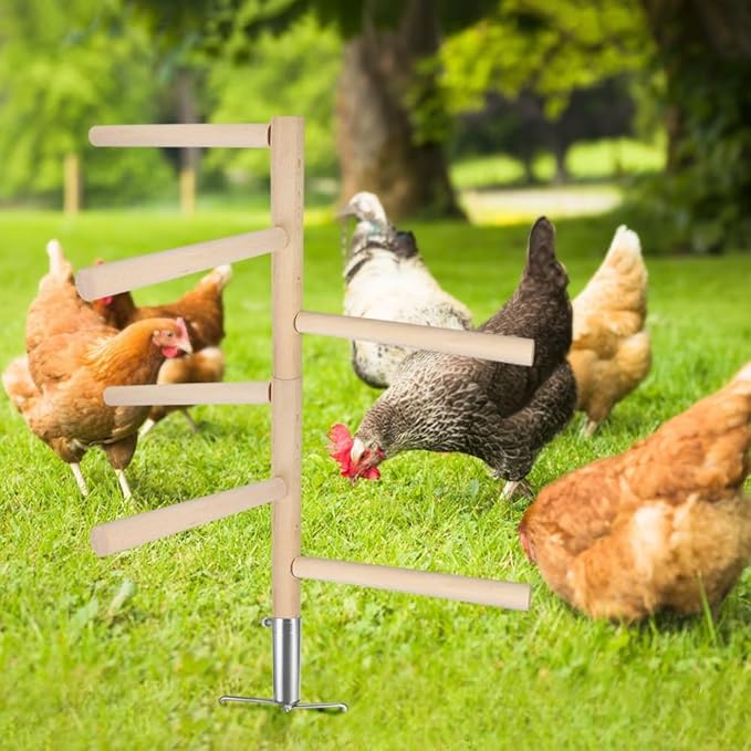 Extra Large Chicken Perch Toy for Coop, 39.4" Roosting Bar for Chicken Coop Toys, Chicken 6 Branches Perch Stand Wooden with Metal Tripod Ground Plug for Poultry Rooste