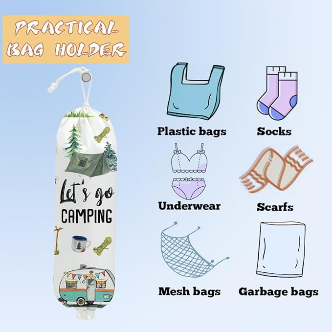 Camping Plastic Bag Holder, Wall Mount Grocery Bag Holder for Plastic Storage bag, Camper Accessories for Inside Storage Organizer Reusable Grocery Bags, Pull Rope Free Adjustment, Gifts for Women Mom
