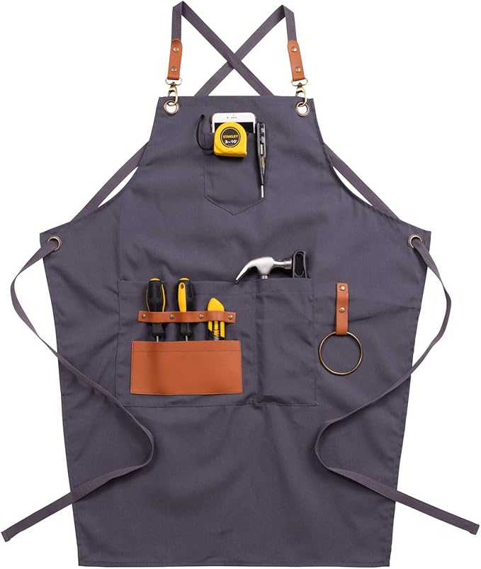 NEOVIVA Canvas Tool Apron for Men and Women with Pockets, Heavy Duty Cross Back Work Apron for Shop BBQ Woodworking
