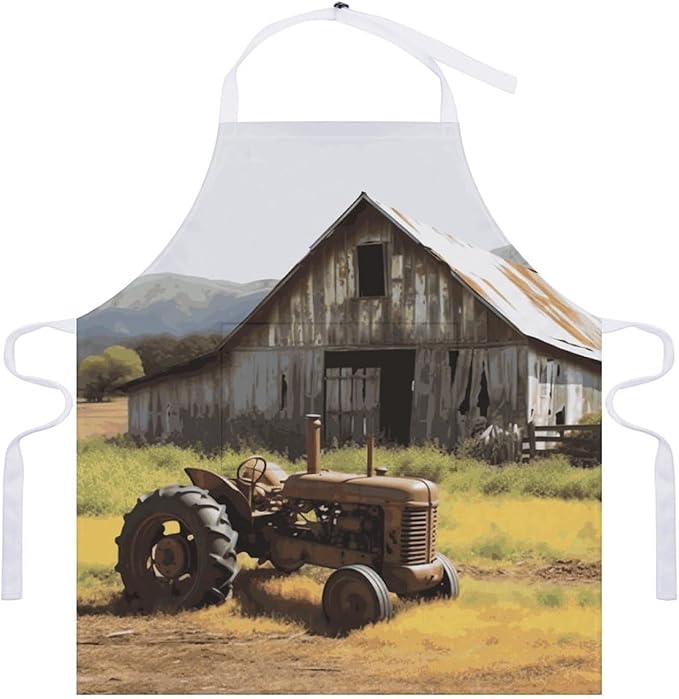 Old Wooden Barn with Rusted Tractor Cooking Aprons for Women Men Waterproof Bib Apron with Pockets Adjustable Kitchen Chef Apron