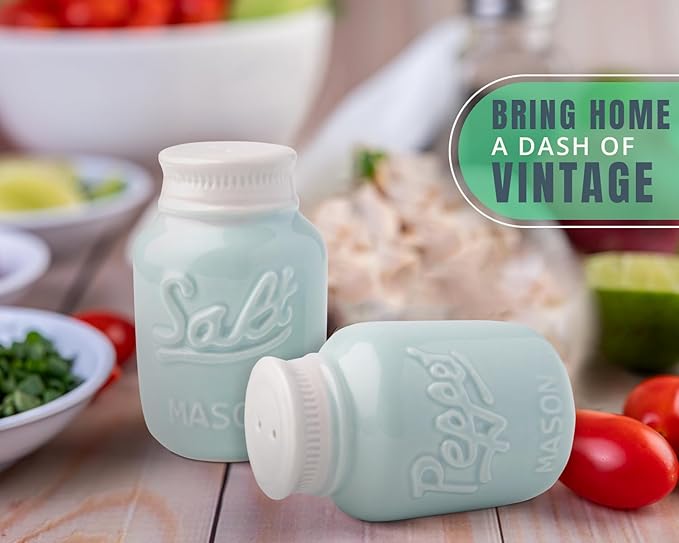 Comfify Mason Jar Salt & Pepper Shakers – Aqua Blue Ceramic – Rustic Shabby Chic Kitchen Decor