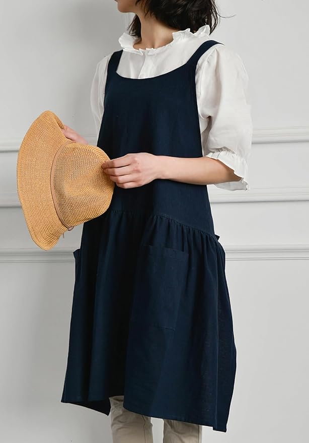 NEWGEM Cotton Linen Cross Back Apron for Women with Pockets for Cooking Baking Navy Blue with Waist Ties
