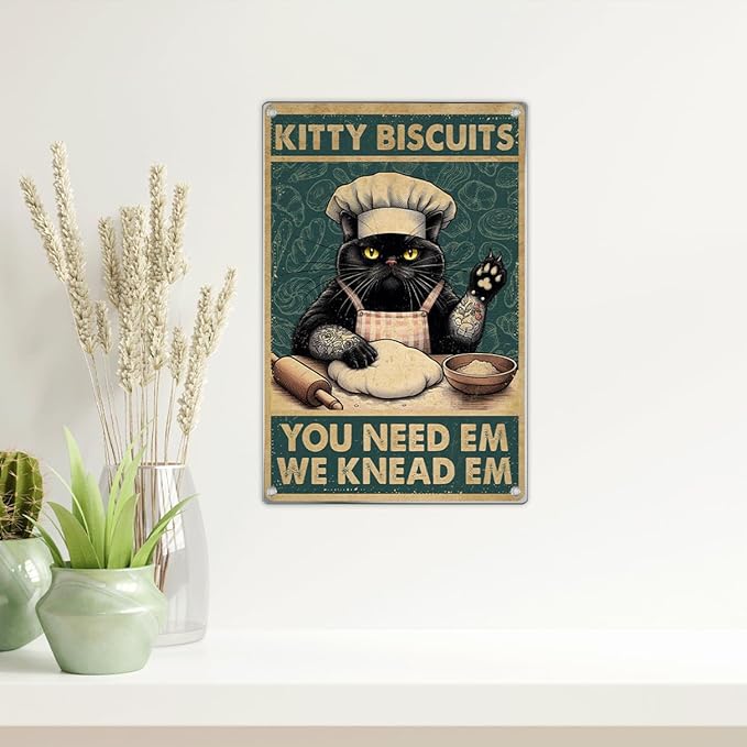 Biscuits Black Cat Wall Decor Funny Kitchen Retro Metal Sign Vintage Art Tin Poster Lovers Home Decoration 8 x 12 Inch Outdoor Indoor Aluminum