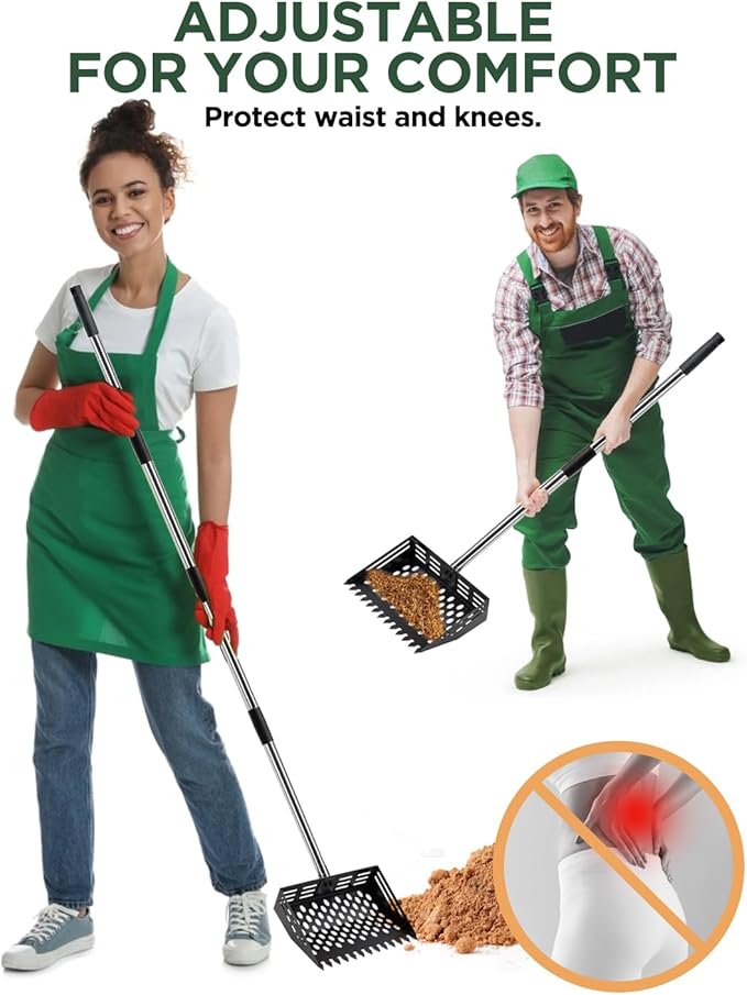 2-in-1 Chicken Poop Scooper & Rake, 10" Metal Coop Shovel, Sand Sifting Shovel with 38" to 66" Adjustable, Cleaning Tool for Chicken Coops & Farm Animals