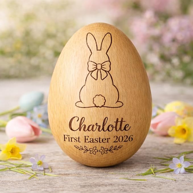 Personalized Wooden Easter Egg – Custom Engraved Bunny Name Egg, Baby First Easter Keepsake Gift, Rustic Wood Bunny Decor, Cute Basket Stuffer for Kids, Spring Holiday Gift for Baby Boy Girl/2