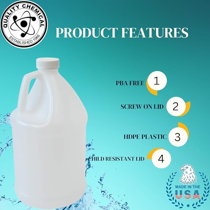 Quality Chemical Reusable 1-Gallon Plastic Jug – BPA-Free, Leak-Resistant, Secure Screw-on Lid, Ergonomic Handle, BPA Free, HDPE Plastic, Stackable, Versatile Design for Storage (Pack of 4)