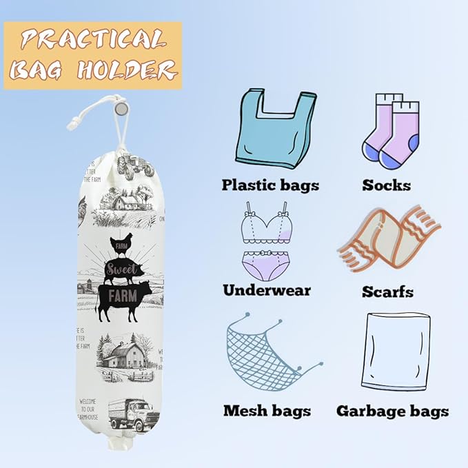 Farm Animals Plastic Bag Holder, Wall Mount Grocery Bag Holder, Plastic Storage bag, Chicken Pig Decor Storage Organizer Grocery Bags with Drawstring, Cow Gifts for Women Mom Grandma Animal Lovers