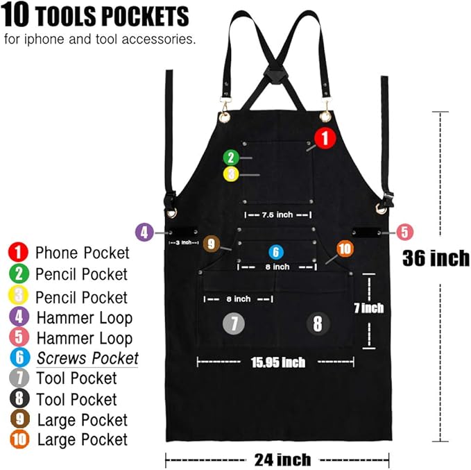 QeeLink Woodworking Shop Apron with 10 Pockets FR Waxed Canvas Work Apron - Flame Retardant - Adjustable M to XXXL for Men & Women, Black
