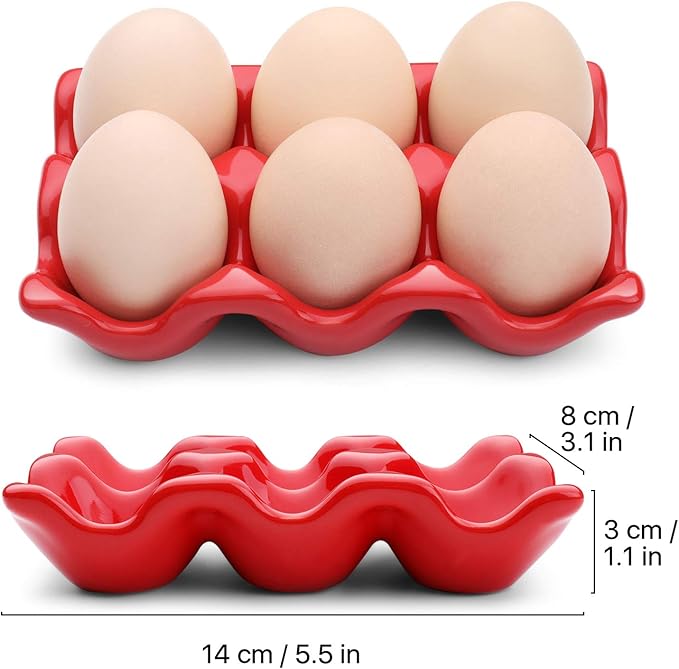 Flexzion Ceramic Egg Holder for Fridge - 6 Cups Egg Tray Half Dozen Porcelain Container Keeper Storage Organizer Decorative Serving Dish Serveware for Refrigerator Countertop Display Kitchen (Red)