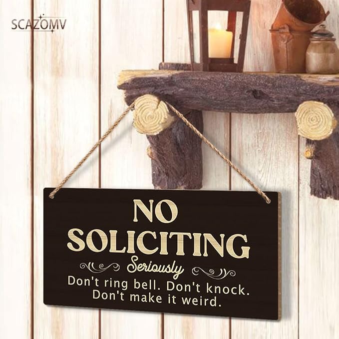 SCAZOMV No Soliciting Wood Sign Decor Don't Ring Bell Don't Knock Don't Make It Weird Funny Rustic Wood Front Door Sign Vintage Wall Hanging Plaque Porch Yard Home Farmhouse Decor 10''x 5''