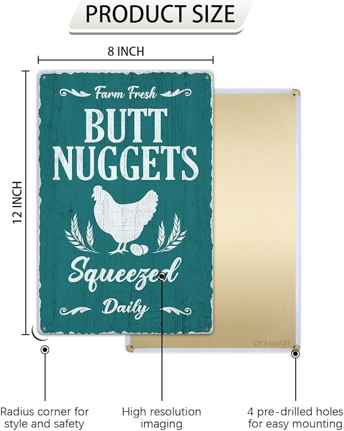 Farm Fresh Butt Nuggets Tin Sign Chicken Coop Vintage Metal Hanging Plaque for Farm Barn Yard Garden Egg Market Kitchen Bar Home Wall Decor Hen House Accessories Outdoor 12x8 Inch
