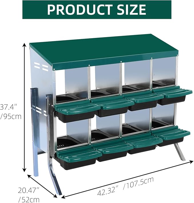 Chicken Nesting Box, 2-Tier Chicken Egg Laying, 8 Compartments Chicken Laying Box for Hens, 8 Room Metal Nesting Boxes for Chicken, Roll Away Nest Box with Lid Cover to Protect Eggs, 8 Holes Green