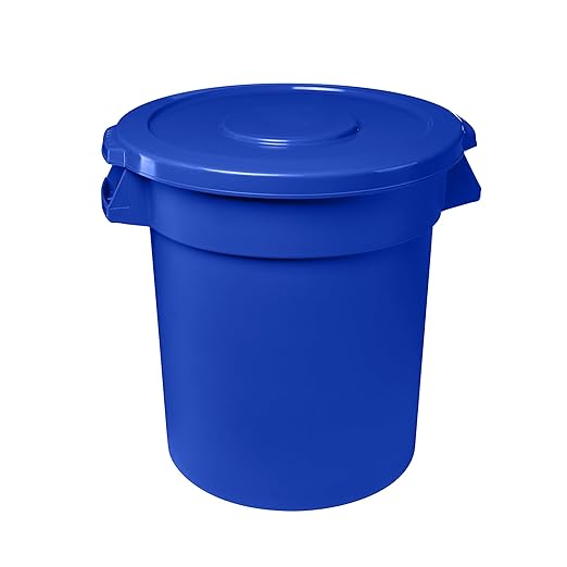 Feed and Seed Storage Container, 55 Gallon Blue Round Commercial Trash Can and Lid, Food Storage Plastic Bin, Use in Agricultural, Gardening, or Household
