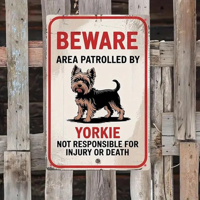 Beware of Dog Sign for Fence- Warning Dog Metal Signs- Yorkie Funny Warning Tin Signs 8x12 Inch