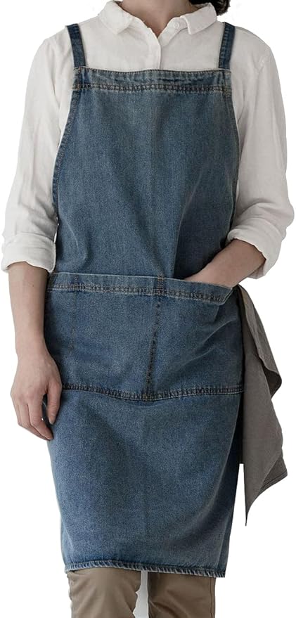 Adjustable Bib Apron with Large Pockets, Cotton Denim Gardening Apron Cross Back Work Jean Apron for Women Men(Style A, Deep Blue)