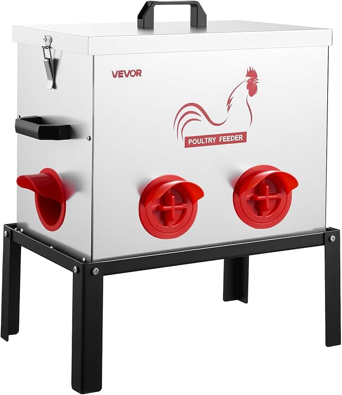 VEVOR Automatic Chicken Feeder, 40 lbs Capacity, 6 Feeding Ports No-Waste Poultry Feeder with Built-in Divider, with Latch & Handle, Metal Construction, for Chickens Bantams Pheasants Poultry Coop