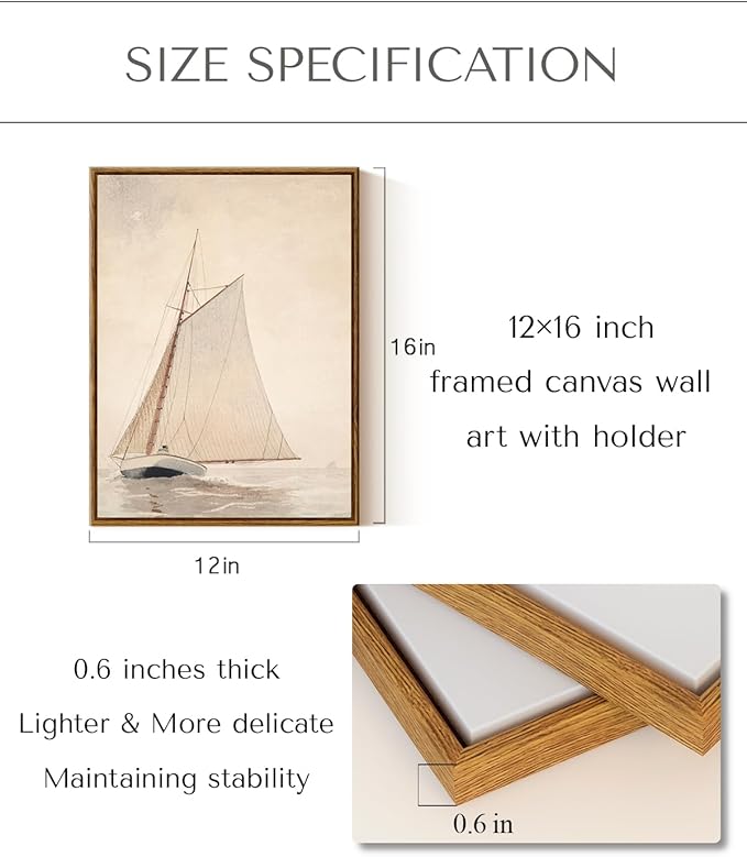 InSimSea Framed Canvas Wall Art, Classical Coastal Wall Decor White Sailboat Seascape Artwork Vintage Painting Beach Home Decor Boho Wall Pictures Farmhouse Art Prints Bathroom Office 12x16in
