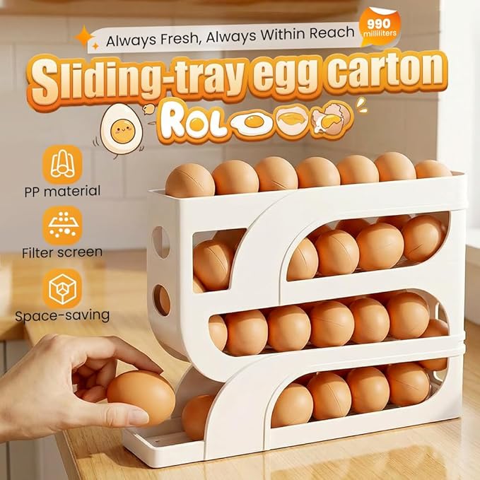 Auto Rolling Egg Holder for Fridge, 4-Tier Egg Dispenser Organizer Holds 28 Eggs, No Assembly Space-Saving Egg Storage Rack for Refrigerator & Countertop (Yellow)