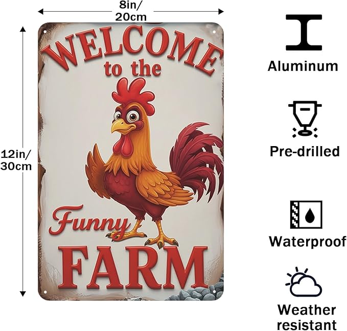 Welcome to The Funny Farm Aluminum Sign Humorous Chicken Coop Sign Rustic Farmhouse Welcome Sign for Backyard Flock 8x12 Inches Outdoor Metal Decor Style-03