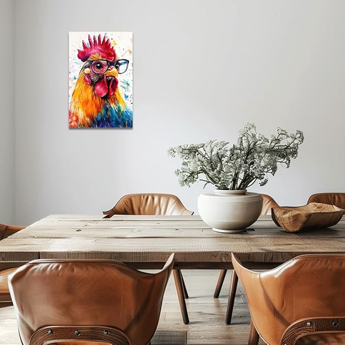 ZQQART Rooster Canvas Wall Art Funny Chicken Portrait Picture Prints Rustic Animal Painting Artwork Farmhouse Kitchen Decor Framed(White,12.00" x 18.00")