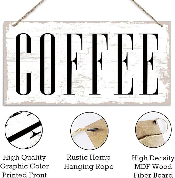Coffee Wooden Hanging Sign, Wood Grain Retro Decoration, Vintage Kitchen Decor, Coffee Bar Sign Wall Decor, Cafe Decoration with Rope Hanging 12 x 6 Inches