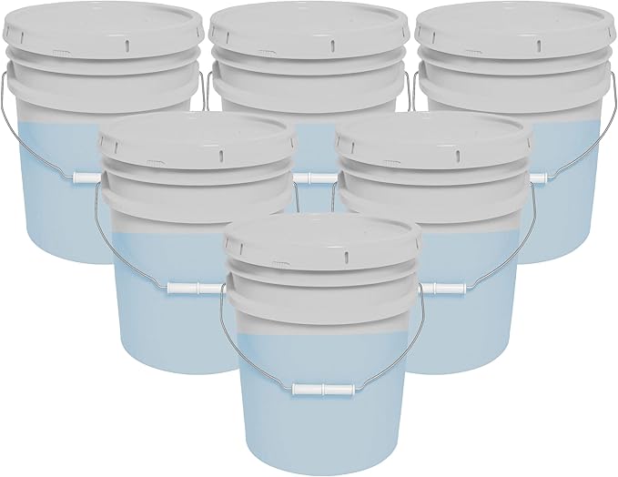 5-Gallon Bucket with Airtight Lid – Made in USA, Food Grade BPA Free Plastic, Heavy Duty Multi-Use, Metal Handle with Grip, Stackable Storage – Natural, 6 Pack