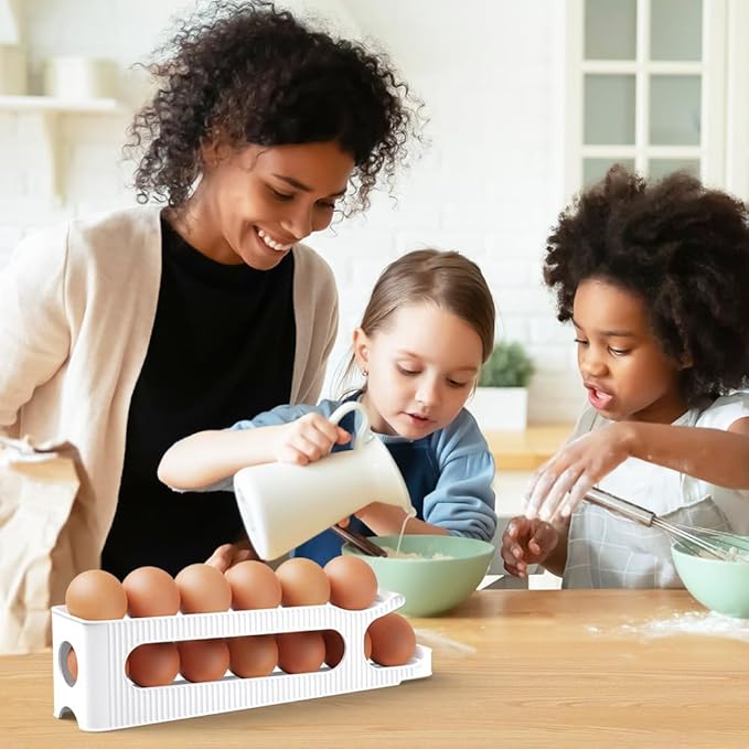 Sotfamily Egg Holder for Fridge, 2 Tiers Auto Rolling Egg Storage Organizer for Refrigerator, Slim Space Saving Container, Dispenser - Egg Roller for Eggs 12 Count