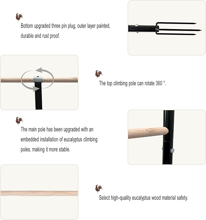 Large Chicken Perch Toys for Coop,Wooden Chicken Roosting Bars with 3 Legs Metal Ground Plug,1.25-Inch Thickened Steel Pipe, Improved and Upgraded Design of Wooden Pole Embedded in The Steel Pipe