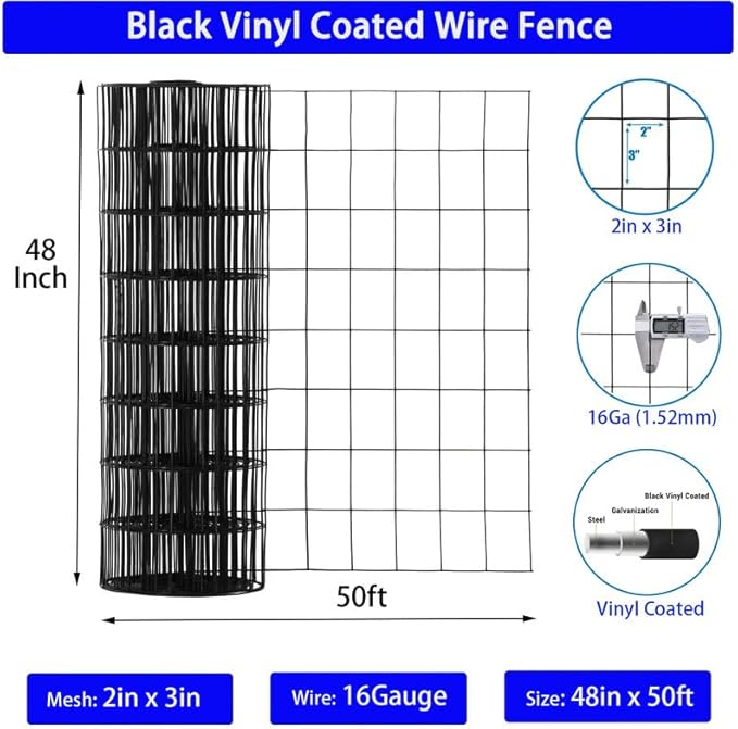Wire Fence 2in x 3in Black Vinyl Coated Wire Mesh 48" x 50' Welded Wire Fencing 16Gauge, PVC Coating Chicken Wire Fence,Welded Wire Mesh Roll for Garden Guard Fence Poultry Cage Net Fencing