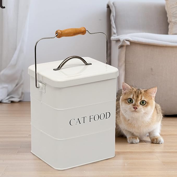 Cat Food Treat Storage Container with lid scoop included - Perfect Farmhouse Cat Food Bin for Kitchen Countertop, Shelf, Decoration Home - Cat Food - White