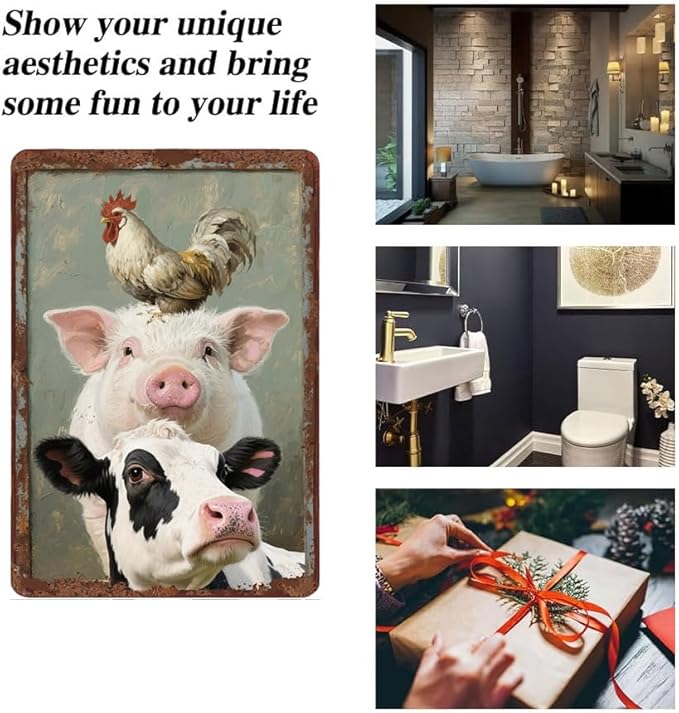 Metal Signs A Pig Cow Chicken Vintage Tin Sign for Home Office Kitchen Bar Cafe Garden Farmhouse Chicken Coop Wall Decor 12x8 Inch