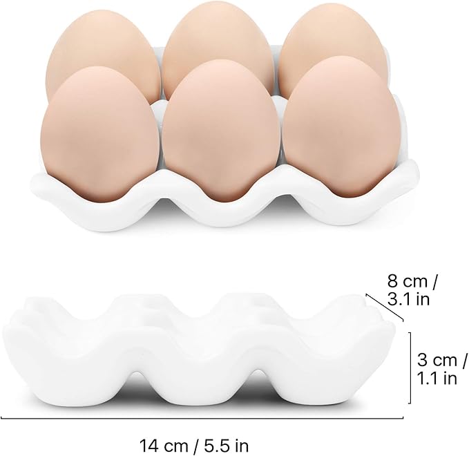 Flexzion Porcelain Egg Crate - 6 Capacity Ceramic Tray, Half Dozen Holder, White Decorative Serving Dish and Storage Organizer, 2 Pack