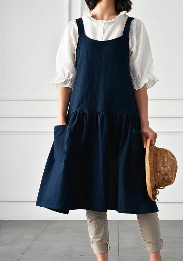 NEWGEM Cotton Linen Cross Back Apron for Women with Pockets for Cooking Baking Navy Blue with Waist Ties