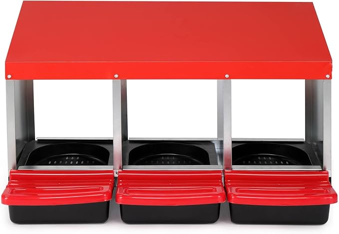 3-Compartment Chicken Nesting Boxes with Perch Cover, Roll Out Brooder Box for Chicks, Pull Out Egg Collection Tray and Protection, Durable Steel & Plastic Construction, Chicken Coop (Red)