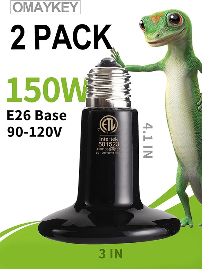 OMAYKEY 2-Pack 150W Ceramic Heat Lamp with 1-pcs Digital-Thermometer, Infrared Heat Emitter Bulbs for Reptiles, Amphibians, Chicken Brooder Coop Lizard Turtle Snake Aquarium, No Light No Harm
