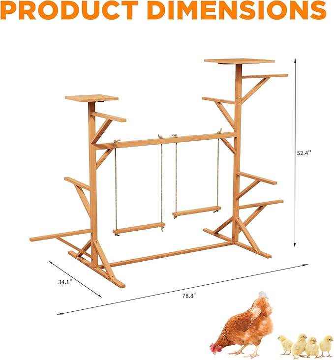 Large Wooden Chicken Perch Stand Roosting Bars with 2 Swings, Multi-Level Chicken Playground for Hens, Ducks & Pigeons, Sturdy Fir Wood Hens Jungle Gym for Coop or Backyard