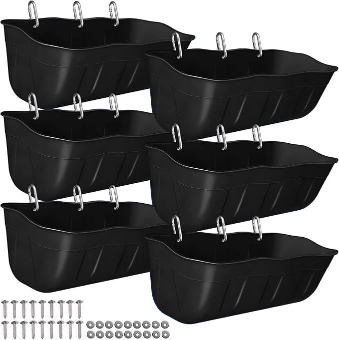 Hanging Goat Feeders,Chicken Feeder Waterer,Large Feed Trough 7.5 Quart 6 Pack,Hanging Fence Feed Trough for Poultry Livestock,Black