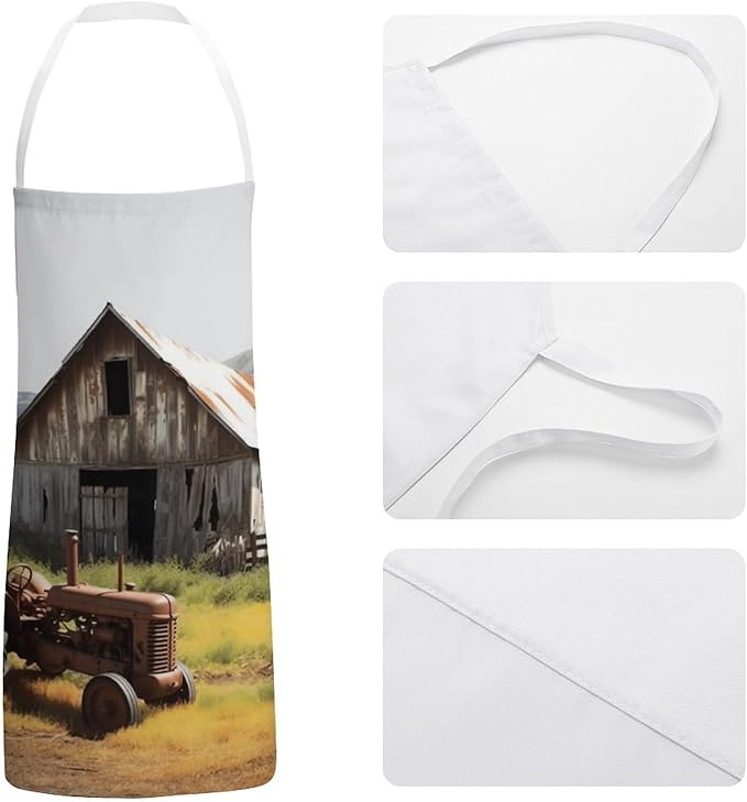 Old Wooden Barn Tractor Apron For Men Women, Adjustable Kitchen Aprons Adult Size Chef Bib Apron For Cooking Grilling Painting Gardening