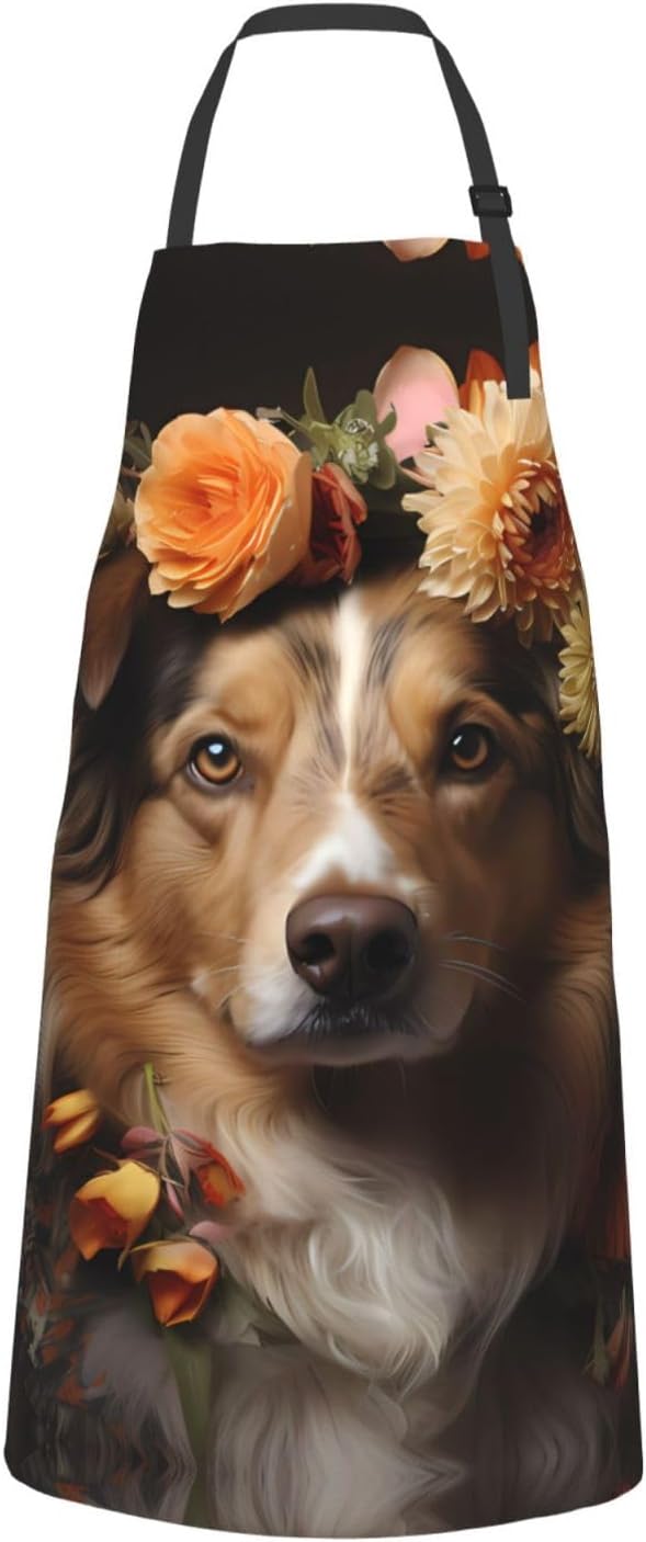 Dogs and Roses Heavy Duty Waterproof Apron with Pockets for AdultsResistant Grilling, Gardening, Painting