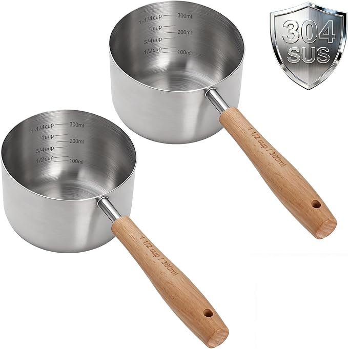 2PCS 1-1/2Cup(360ml | 12oz) Dog Cat Food Scoop, 18/8(304) Stainless Steel Measuring Cup with Wooden Handle, Etched Measurements Inside, BPA Free Portion Control for Pets & Kitchen Use