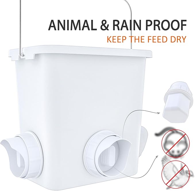 Automatic Chicken Feeder 20lb Chicken Feed Container Bucket with 3 Rainproof Feeder Ports Hanging Poultry Feeder for Chick Duck Hen Chicken Coop Accessories Kit